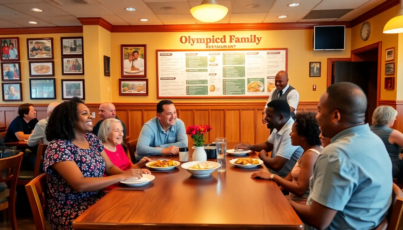 interior of Olympic Family Restaurant with families enjoying meals together.