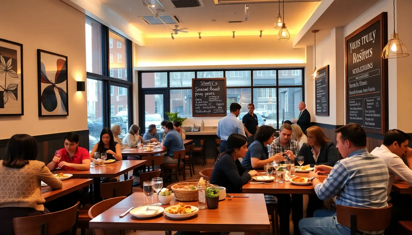 diverse patrons dining in a warm, inviting restaurant.
