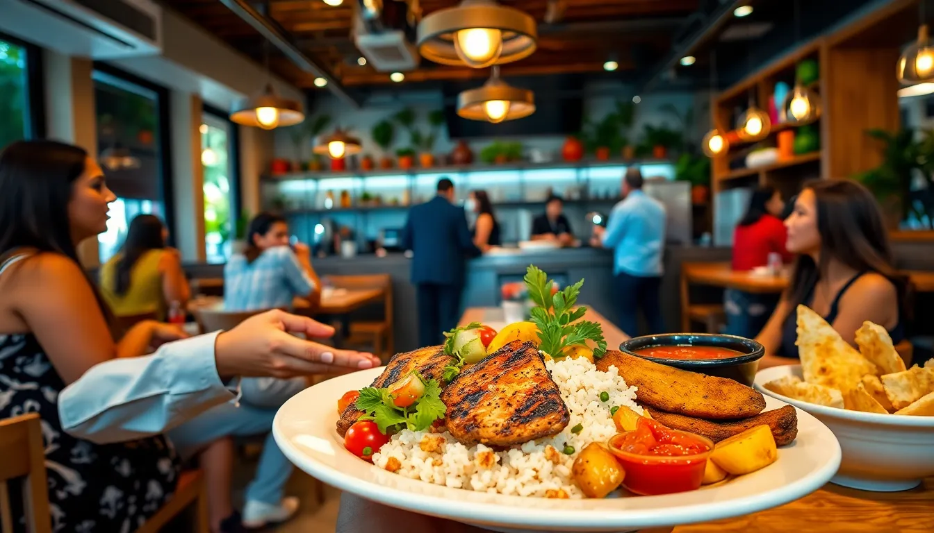 diverse diners enjoying Costa Rican dishes in a modern restaurant.
