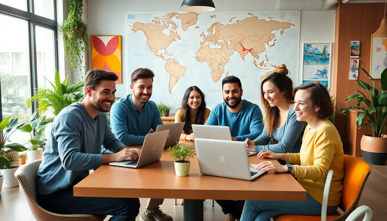 diverse digital nomads collaborating in a modern co-working space.